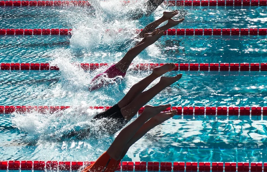 Group of swimmers performing a dive on different pool lanes